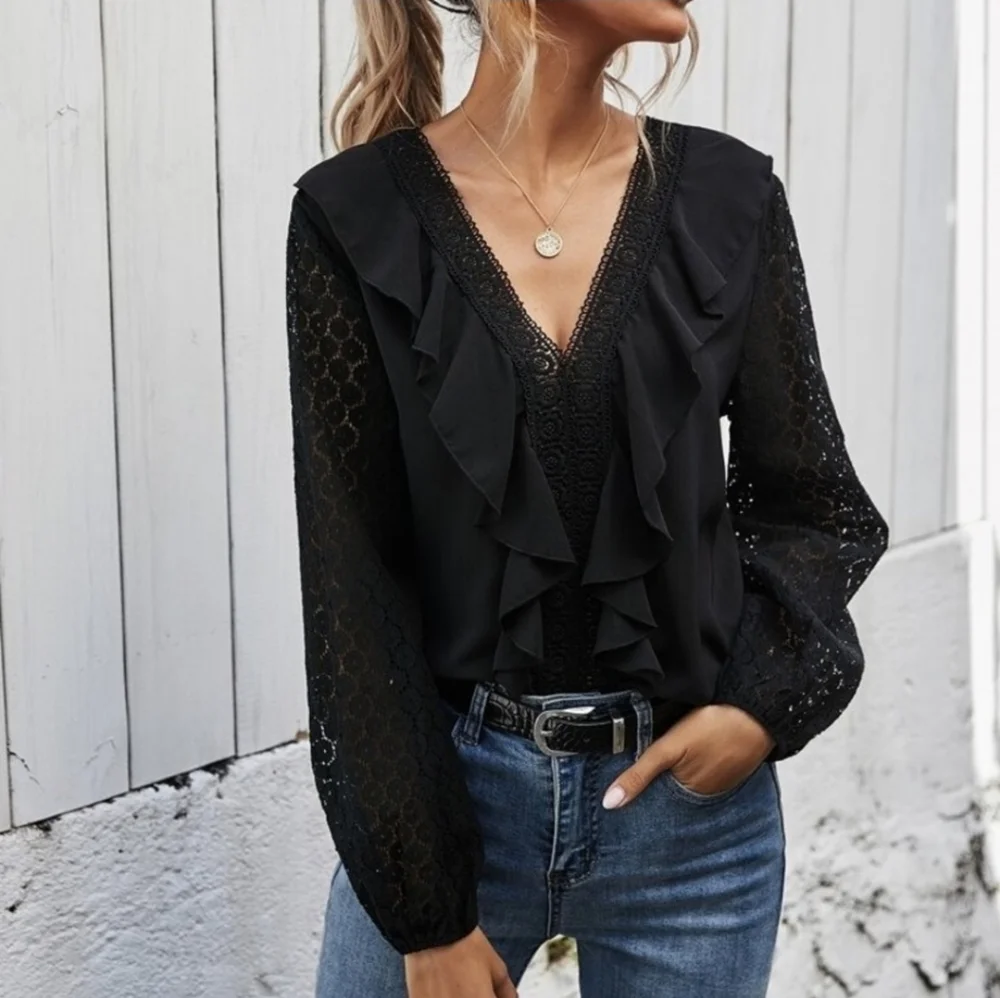Black V neck and ruffle blouse - Picture 2 of 6